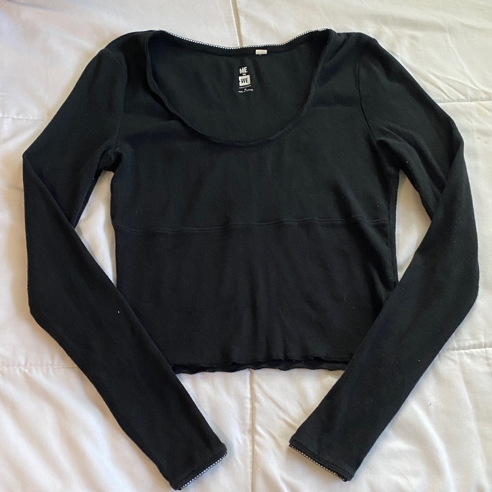 Aqua Black Scoop Neck Long Sleeve Crop Top